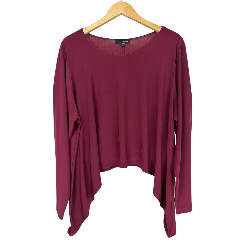 Sun Kim Comfy USA Maroon Long Sleeve High Low Top 1X